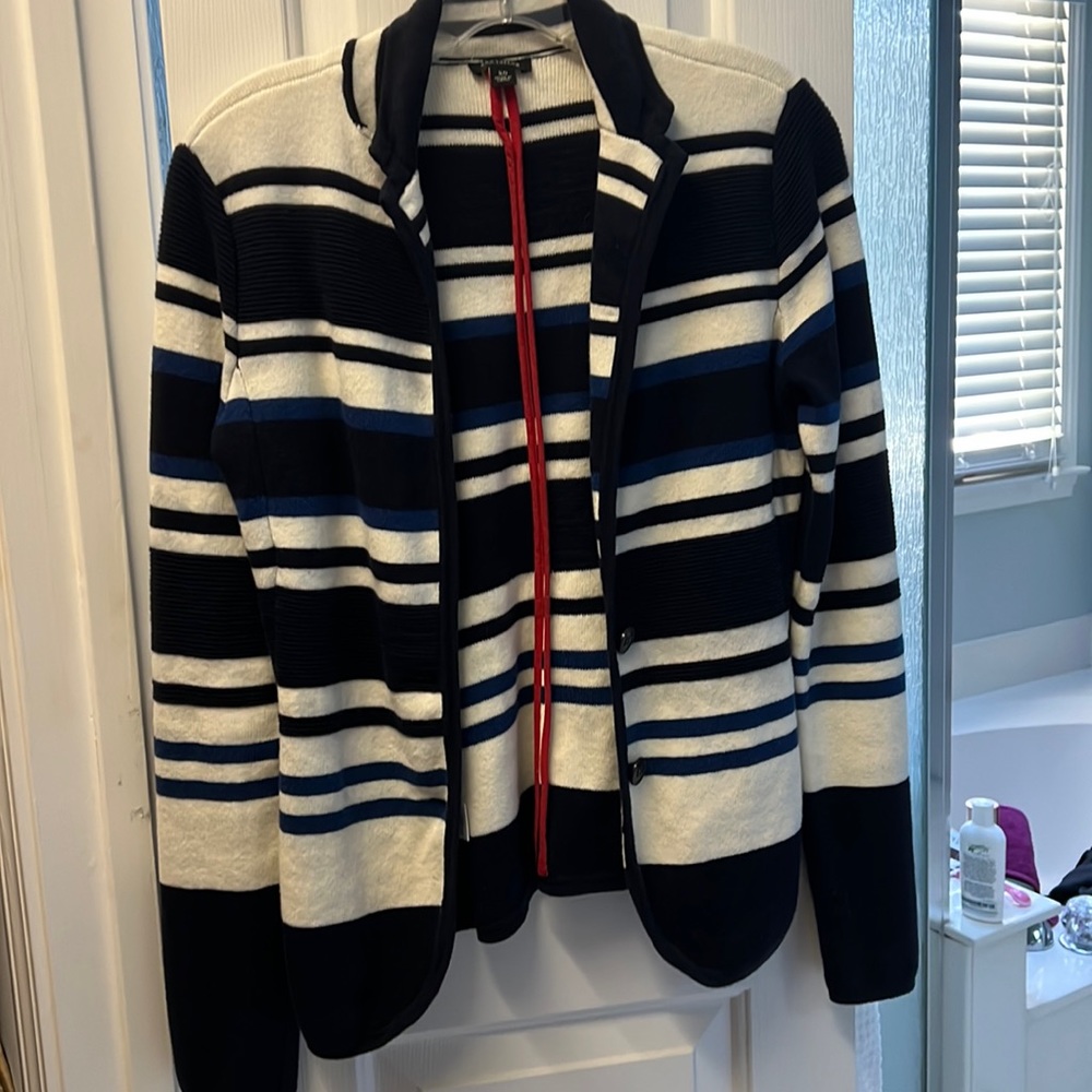 Ann Taylor Navy, Cobalt & Cream Striped Cardigan | Knit Blazer | size XS